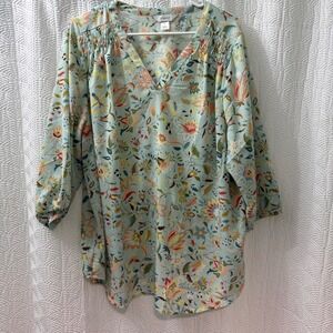 CJ Banks Women's Blue Floral‎ Print V Neck Smocked Blouse Size 2X